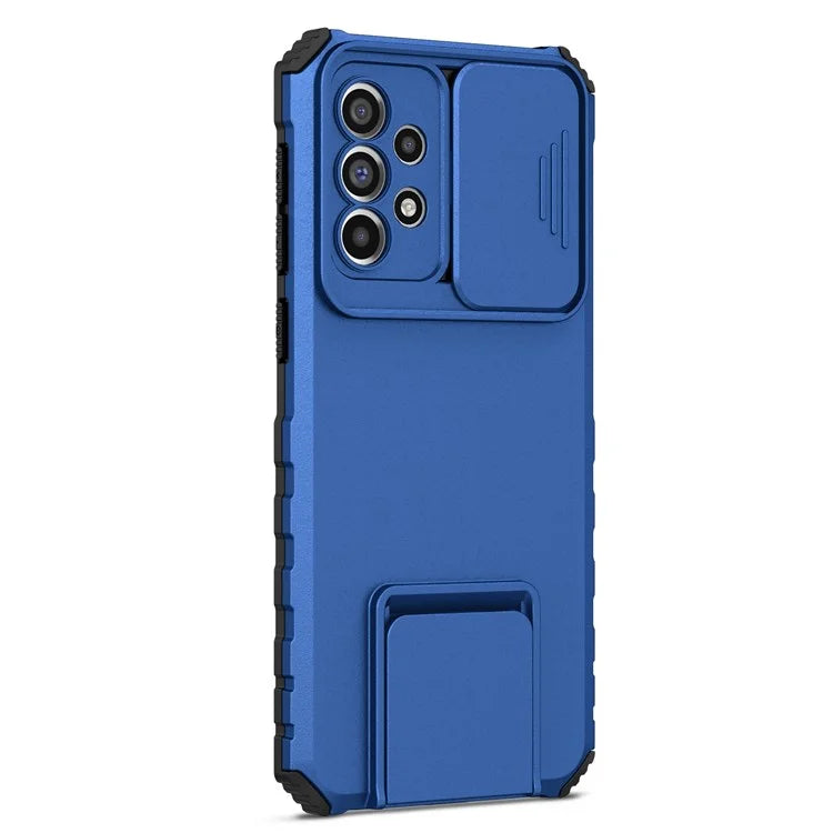 For Samsung Galaxy A33 5G Adjustable Vertical Kickstand Phone Case Anti-drop PC + TPU Cover with Sliding Camera Protection