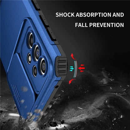 For Samsung Galaxy A33 5G Adjustable Vertical Kickstand Phone Case Anti-drop PC + TPU Cover with Sliding Camera Protection