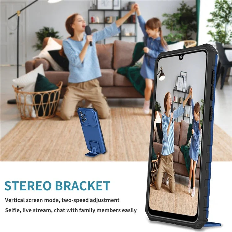For Samsung Galaxy A33 5G Adjustable Vertical Kickstand Phone Case Anti-drop PC + TPU Cover with Sliding Camera Protection