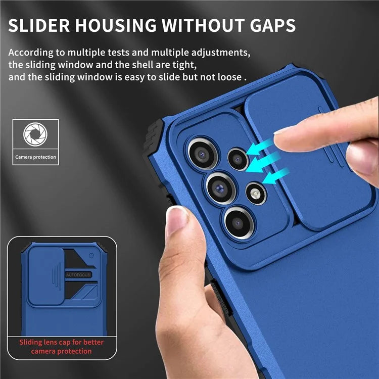 For Samsung Galaxy A33 5G Adjustable Vertical Kickstand Phone Case Anti-drop PC + TPU Cover with Sliding Camera Protection