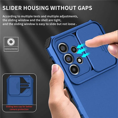 For Samsung Galaxy A33 5G Adjustable Vertical Kickstand Phone Case Anti-drop PC + TPU Cover with Sliding Camera Protection