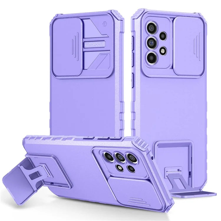 For Samsung Galaxy A33 5G Adjustable Vertical Kickstand Phone Case Anti-drop PC + TPU Cover with Sliding Camera Protection