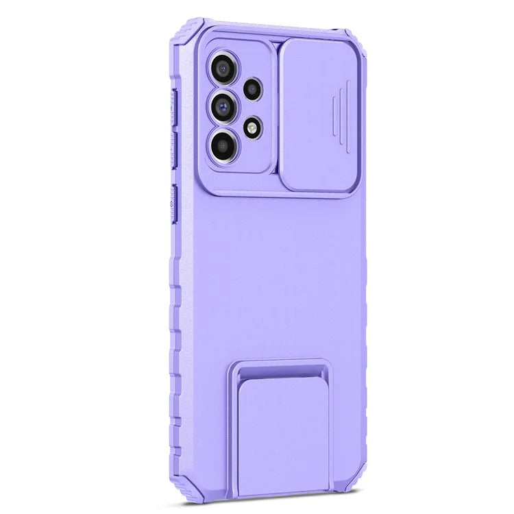 For Samsung Galaxy A33 5G Adjustable Vertical Kickstand Phone Case Anti-drop PC + TPU Cover with Sliding Camera Protection