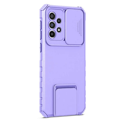 For Samsung Galaxy A33 5G Adjustable Vertical Kickstand Phone Case Anti-drop PC + TPU Cover with Sliding Camera Protection