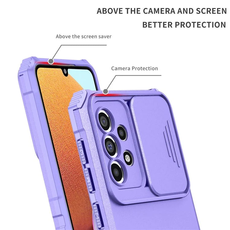 For Samsung Galaxy A33 5G Adjustable Vertical Kickstand Phone Case Anti-drop PC + TPU Cover with Sliding Camera Protection