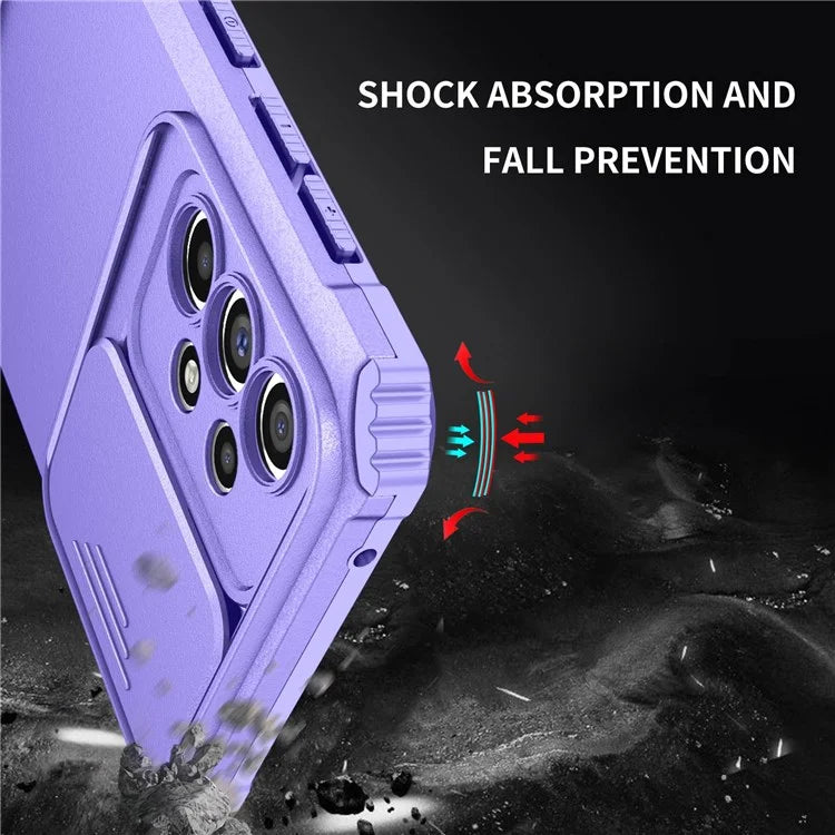 For Samsung Galaxy A33 5G Adjustable Vertical Kickstand Phone Case Anti-drop PC + TPU Cover with Sliding Camera Protection