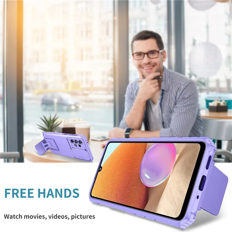 For Samsung Galaxy A33 5G Adjustable Vertical Kickstand Phone Case Anti-drop PC + TPU Cover with Sliding Camera Protection