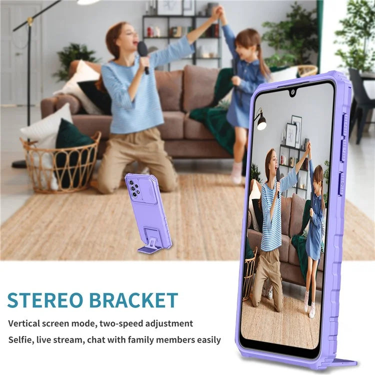 For Samsung Galaxy A33 5G Adjustable Vertical Kickstand Phone Case Anti-drop PC + TPU Cover with Sliding Camera Protection