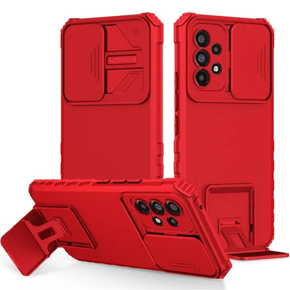 For Samsung Galaxy A53 5G Wear-resistant Anti-fall Hands-free Kickstand Phone Case PC + TPU Shell with Sliding Camera Protection