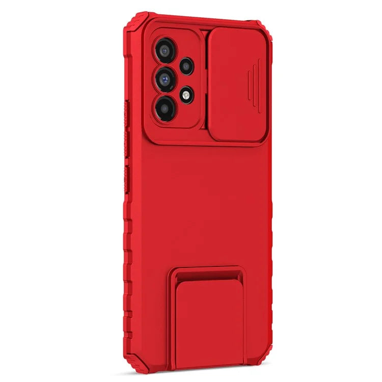 For Samsung Galaxy A53 5G Wear-resistant Anti-fall Hands-free Kickstand Phone Case PC + TPU Shell with Sliding Camera Protection