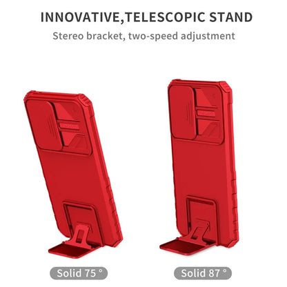 For Samsung Galaxy A53 5G Wear-resistant Anti-fall Hands-free Kickstand Phone Case PC + TPU Shell with Sliding Camera Protection