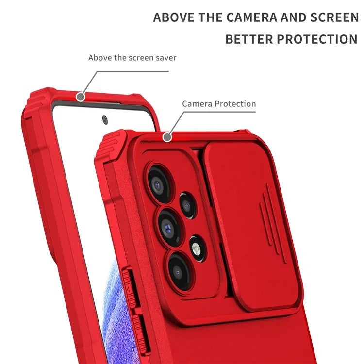 For Samsung Galaxy A53 5G Wear-resistant Anti-fall Hands-free Kickstand Phone Case PC + TPU Shell with Sliding Camera Protection