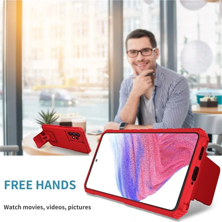 For Samsung Galaxy A53 5G Wear-resistant Anti-fall Hands-free Kickstand Phone Case PC + TPU Shell with Sliding Camera Protection