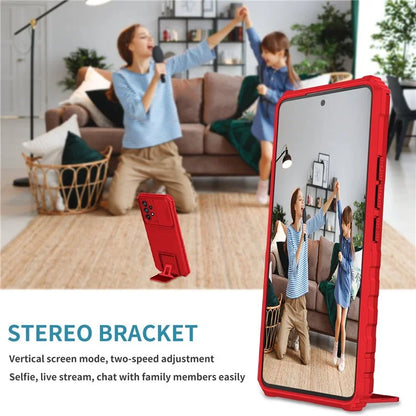 For Samsung Galaxy A53 5G Wear-resistant Anti-fall Hands-free Kickstand Phone Case PC + TPU Shell with Sliding Camera Protection