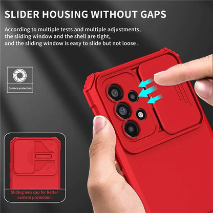 For Samsung Galaxy A53 5G Wear-resistant Anti-fall Hands-free Kickstand Phone Case PC + TPU Shell with Sliding Camera Protection