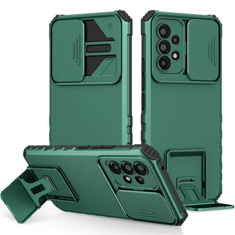 For Samsung Galaxy A53 5G Wear-resistant Anti-fall Hands-free Kickstand Phone Case PC + TPU Shell with Sliding Camera Protection