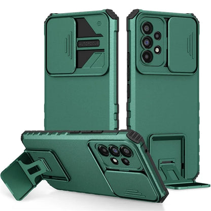 For Samsung Galaxy A53 5G Wear-resistant Anti-fall Hands-free Kickstand Phone Case PC + TPU Shell with Sliding Camera Protection
