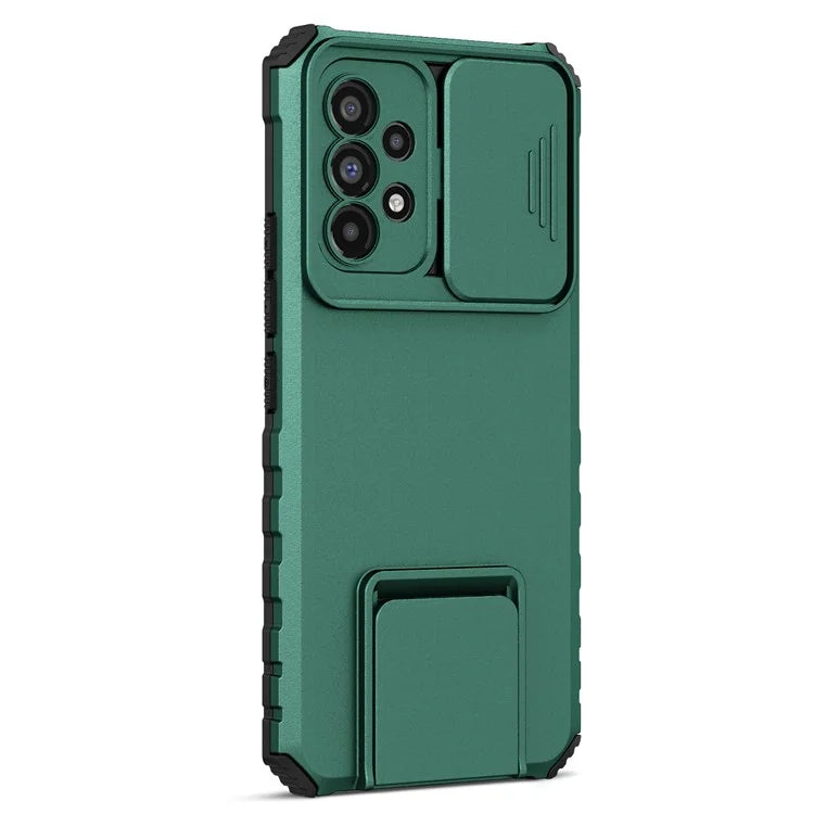 For Samsung Galaxy A53 5G Wear-resistant Anti-fall Hands-free Kickstand Phone Case PC + TPU Shell with Sliding Camera Protection