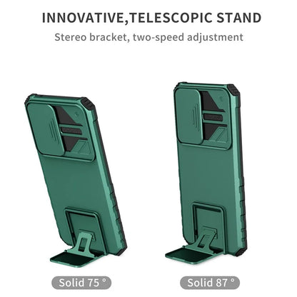 For Samsung Galaxy A53 5G Wear-resistant Anti-fall Hands-free Kickstand Phone Case PC + TPU Shell with Sliding Camera Protection