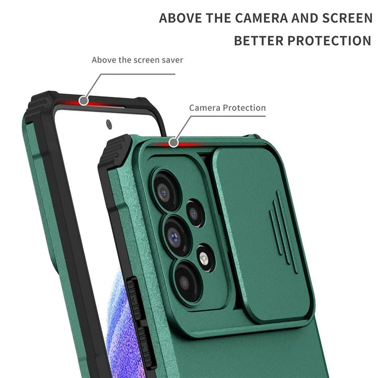For Samsung Galaxy A53 5G Wear-resistant Anti-fall Hands-free Kickstand Phone Case PC + TPU Shell with Sliding Camera Protection