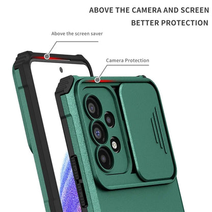 For Samsung Galaxy A53 5G Wear-resistant Anti-fall Hands-free Kickstand Phone Case PC + TPU Shell with Sliding Camera Protection