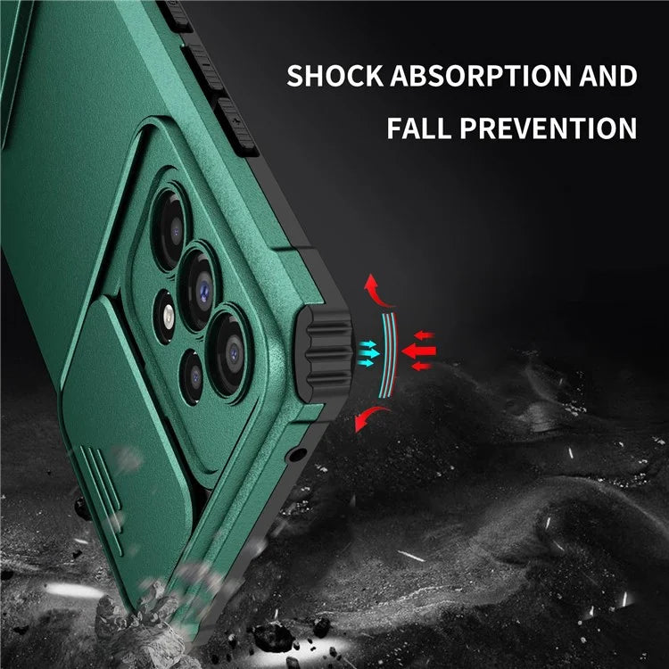 For Samsung Galaxy A53 5G Wear-resistant Anti-fall Hands-free Kickstand Phone Case PC + TPU Shell with Sliding Camera Protection