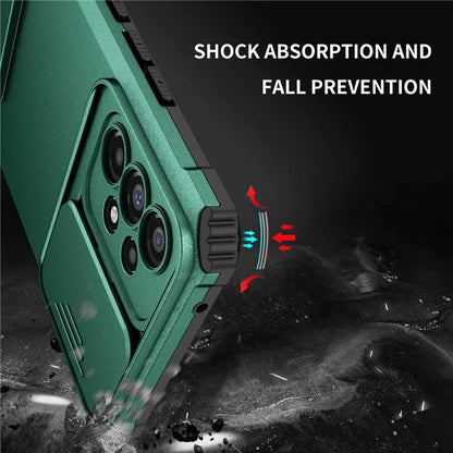 For Samsung Galaxy A53 5G Wear-resistant Anti-fall Hands-free Kickstand Phone Case PC + TPU Shell with Sliding Camera Protection