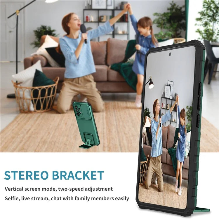 For Samsung Galaxy A53 5G Wear-resistant Anti-fall Hands-free Kickstand Phone Case PC + TPU Shell with Sliding Camera Protection