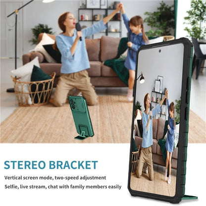 For Samsung Galaxy A53 5G Wear-resistant Anti-fall Hands-free Kickstand Phone Case PC + TPU Shell with Sliding Camera Protection