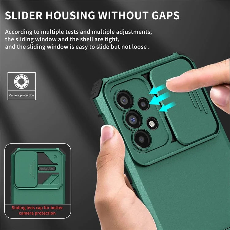 For Samsung Galaxy A53 5G Wear-resistant Anti-fall Hands-free Kickstand Phone Case PC + TPU Shell with Sliding Camera Protection
