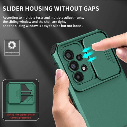 For Samsung Galaxy A53 5G Wear-resistant Anti-fall Hands-free Kickstand Phone Case PC + TPU Shell with Sliding Camera Protection