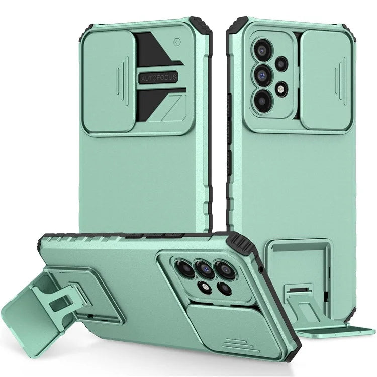 For Samsung Galaxy A53 5G Wear-resistant Anti-fall Hands-free Kickstand Phone Case PC + TPU Shell with Sliding Camera Protection