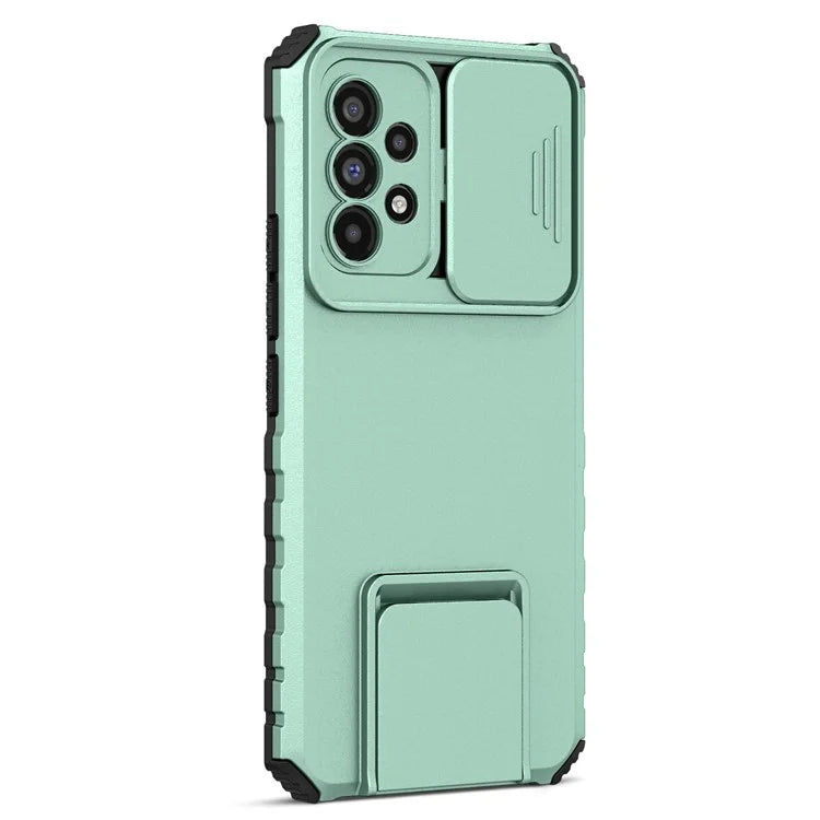 For Samsung Galaxy A53 5G Wear-resistant Anti-fall Hands-free Kickstand Phone Case PC + TPU Shell with Sliding Camera Protection