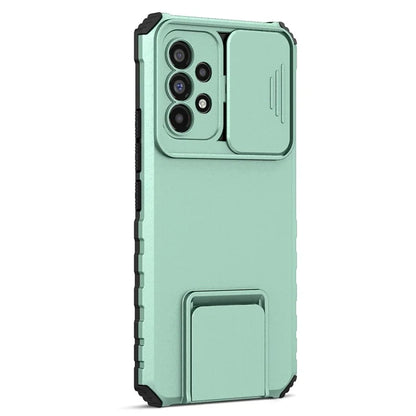 For Samsung Galaxy A53 5G Wear-resistant Anti-fall Hands-free Kickstand Phone Case PC + TPU Shell with Sliding Camera Protection