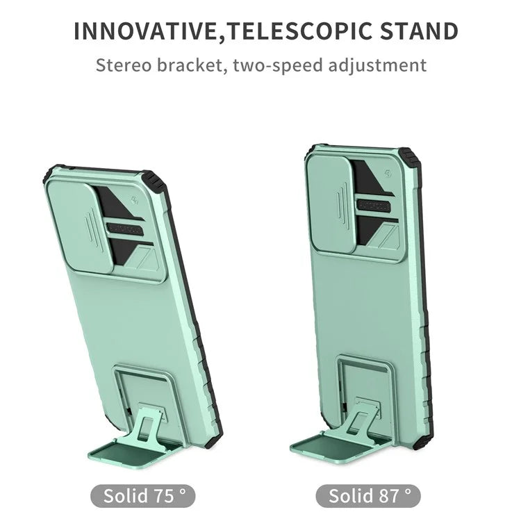 For Samsung Galaxy A53 5G Wear-resistant Anti-fall Hands-free Kickstand Phone Case PC + TPU Shell with Sliding Camera Protection