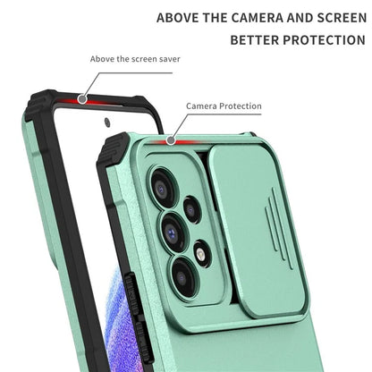For Samsung Galaxy A53 5G Wear-resistant Anti-fall Hands-free Kickstand Phone Case PC + TPU Shell with Sliding Camera Protection