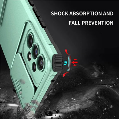 For Samsung Galaxy A53 5G Wear-resistant Anti-fall Hands-free Kickstand Phone Case PC + TPU Shell with Sliding Camera Protection