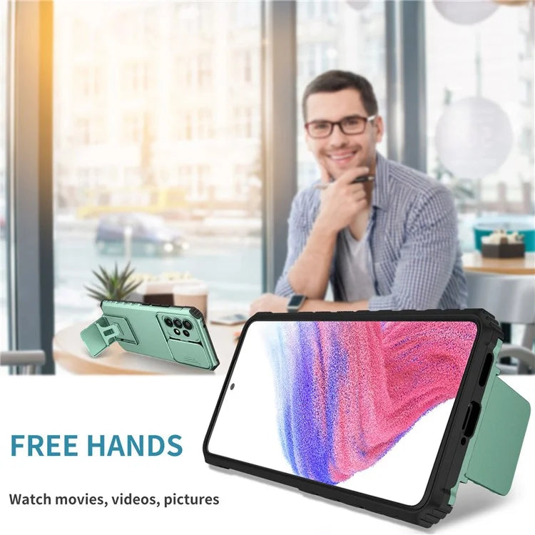 For Samsung Galaxy A53 5G Wear-resistant Anti-fall Hands-free Kickstand Phone Case PC + TPU Shell with Sliding Camera Protection