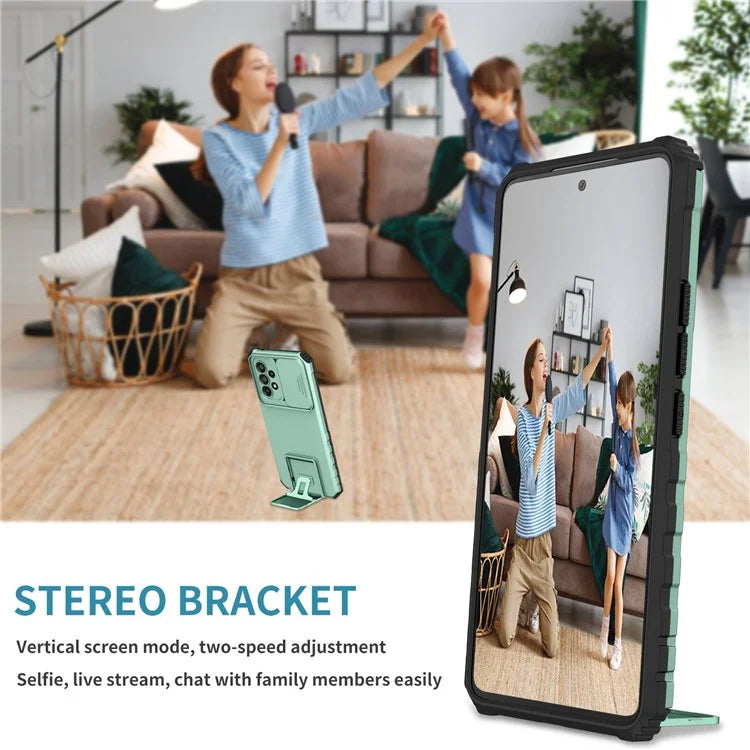 For Samsung Galaxy A53 5G Wear-resistant Anti-fall Hands-free Kickstand Phone Case PC + TPU Shell with Sliding Camera Protection