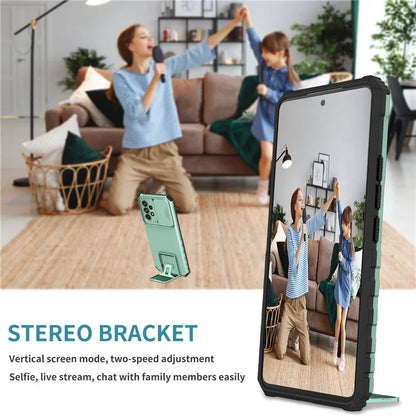 For Samsung Galaxy A53 5G Wear-resistant Anti-fall Hands-free Kickstand Phone Case PC + TPU Shell with Sliding Camera Protection
