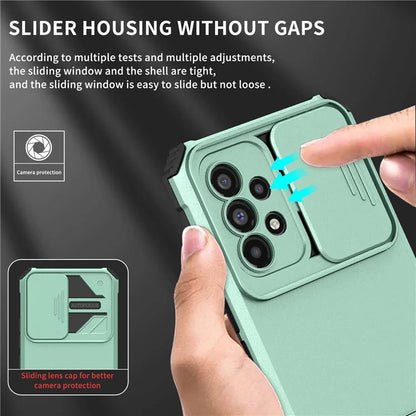 For Samsung Galaxy A53 5G Wear-resistant Anti-fall Hands-free Kickstand Phone Case PC + TPU Shell with Sliding Camera Protection