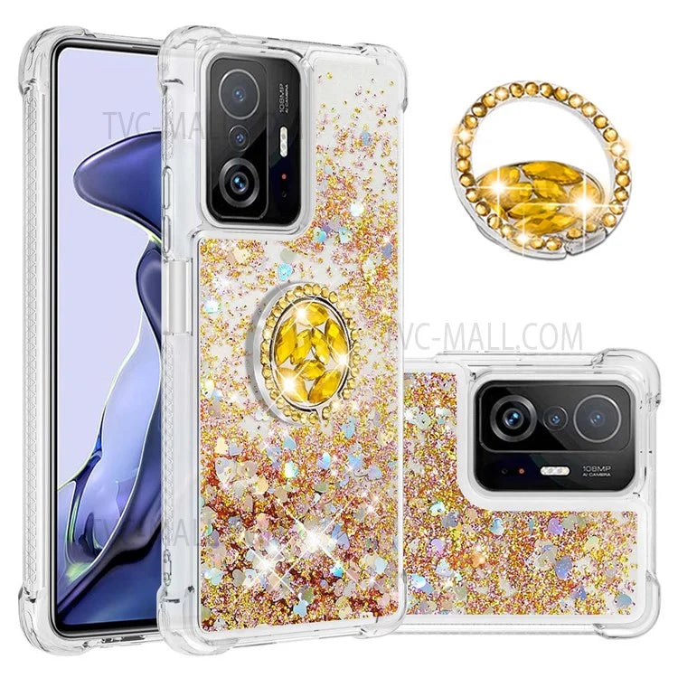 Liquid Glitter Quicksand TPU Shiny Rhinestone Case with Ring Kickstand for Xiaomi 11T / 11T Pro