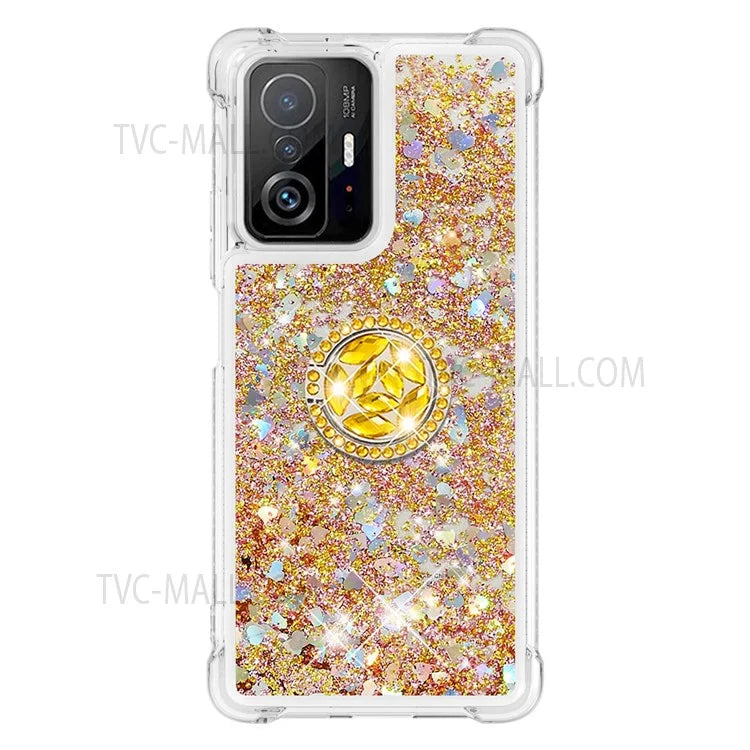 Liquid Glitter Quicksand TPU Shiny Rhinestone Case with Ring Kickstand for Xiaomi 11T / 11T Pro