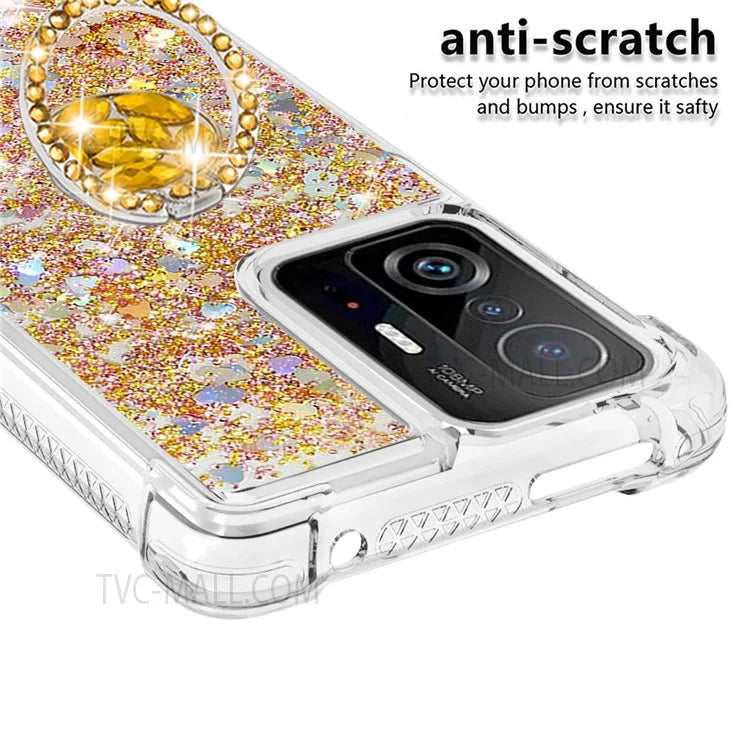 Liquid Glitter Quicksand TPU Shiny Rhinestone Case with Ring Kickstand for Xiaomi 11T / 11T Pro