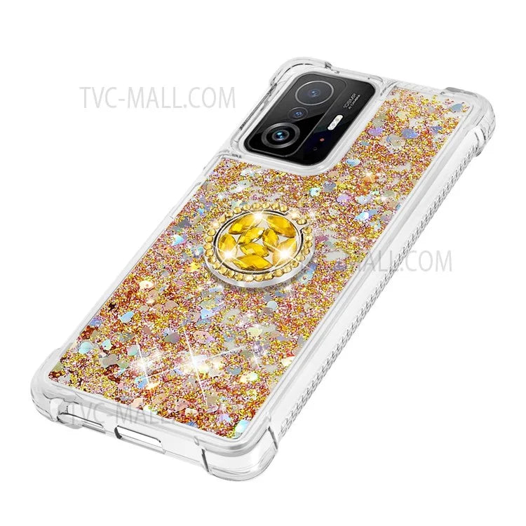 Liquid Glitter Quicksand TPU Shiny Rhinestone Case with Ring Kickstand for Xiaomi 11T / 11T Pro