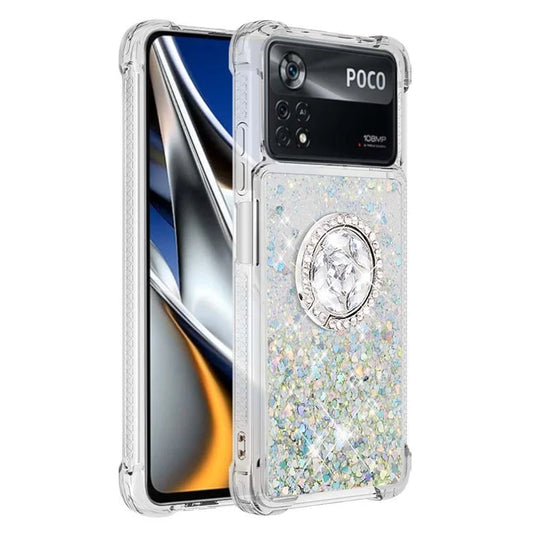 YB Quicksand Series-7 for Xiaomi Poco X4 Pro 5G Moving Glitter Liquid Quicksand TPU Phone Case Shell with Ring Holder Kickstand
