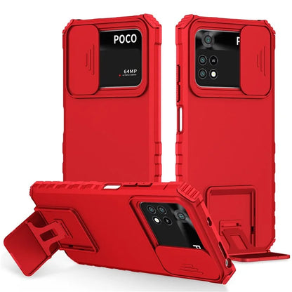 For Xiaomi Poco M4 Pro 4G Drop-proof Hands-free Kickstand Protective Phone Case PC + TPU Cover with Sliding Camera Protection