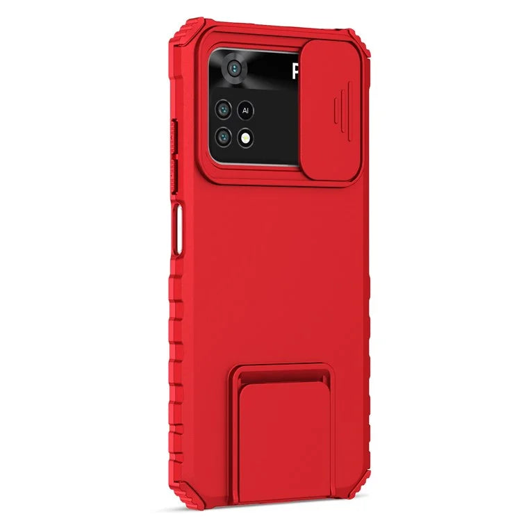 For Xiaomi Poco M4 Pro 4G Drop-proof Hands-free Kickstand Protective Phone Case PC + TPU Cover with Sliding Camera Protection