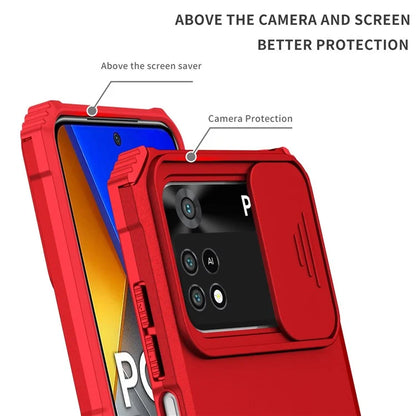 For Xiaomi Poco M4 Pro 4G Drop-proof Hands-free Kickstand Protective Phone Case PC + TPU Cover with Sliding Camera Protection