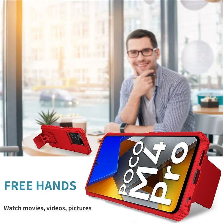 For Xiaomi Poco M4 Pro 4G Drop-proof Hands-free Kickstand Protective Phone Case PC + TPU Cover with Sliding Camera Protection